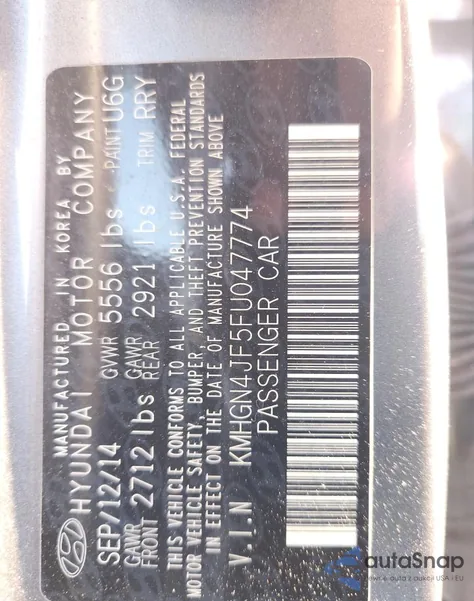 2015 Hyundai Genesis 5.0L from USA, damaged, VIN KMHGN4JF5FU047774